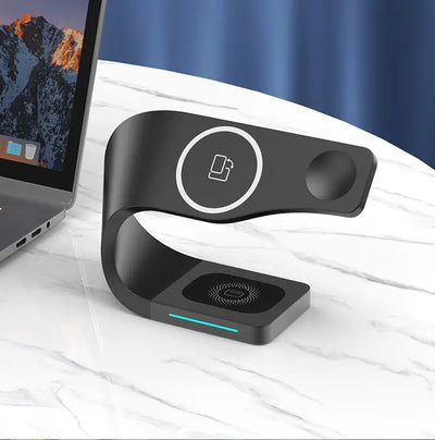 3-in-1 magnetic charger shown with LED indicator lights and fast-charge capabilities

