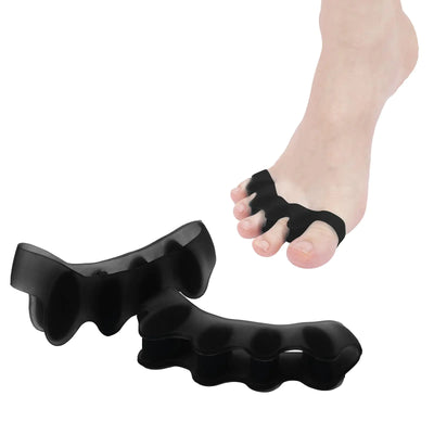 Toe alignment correctors for men and women shown in use on bare feet

