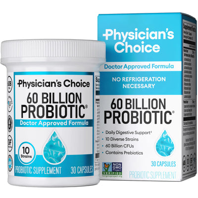 A bottle of Physician’s Choice Probiotics with 60 billion CFU for digestive and immune support