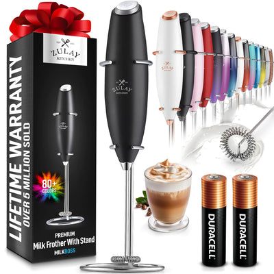 Handheld electric milk frother by Zulay Kitchen with stainless steel whisk and ergonomic handle

