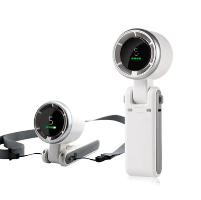 180° Folding Turbo Neck Fan Handheld portable turbo neck fan shown in white, displayed in both standing and wearable neck strap modes.