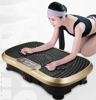 Electric vibration exercise machine shown in use for balance and strength training

